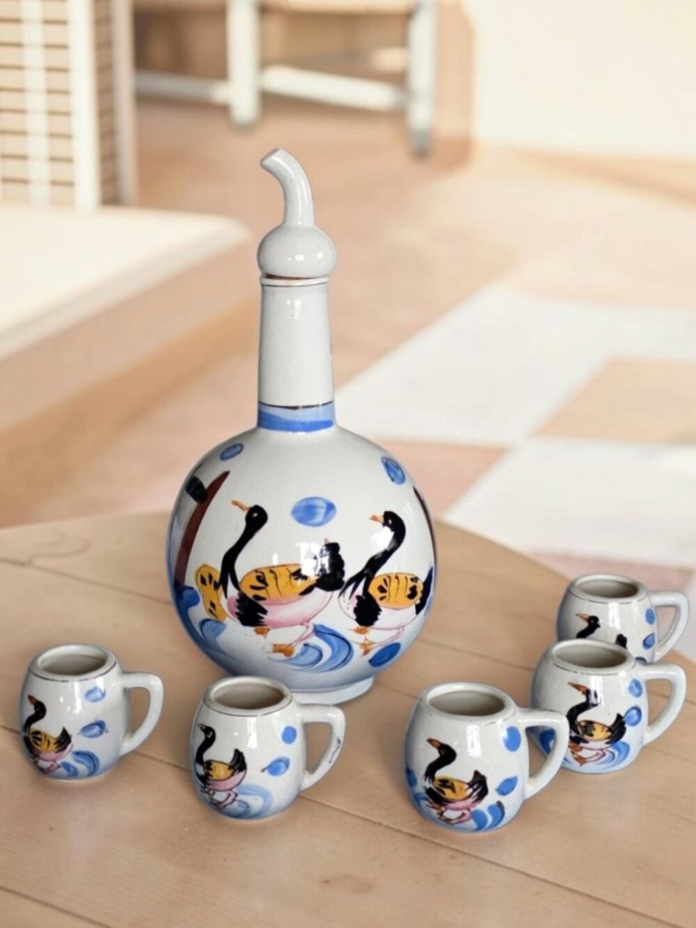 VINTAGE NASCO 7PC Tea Saki Set Hand Painted Birds Ceramic